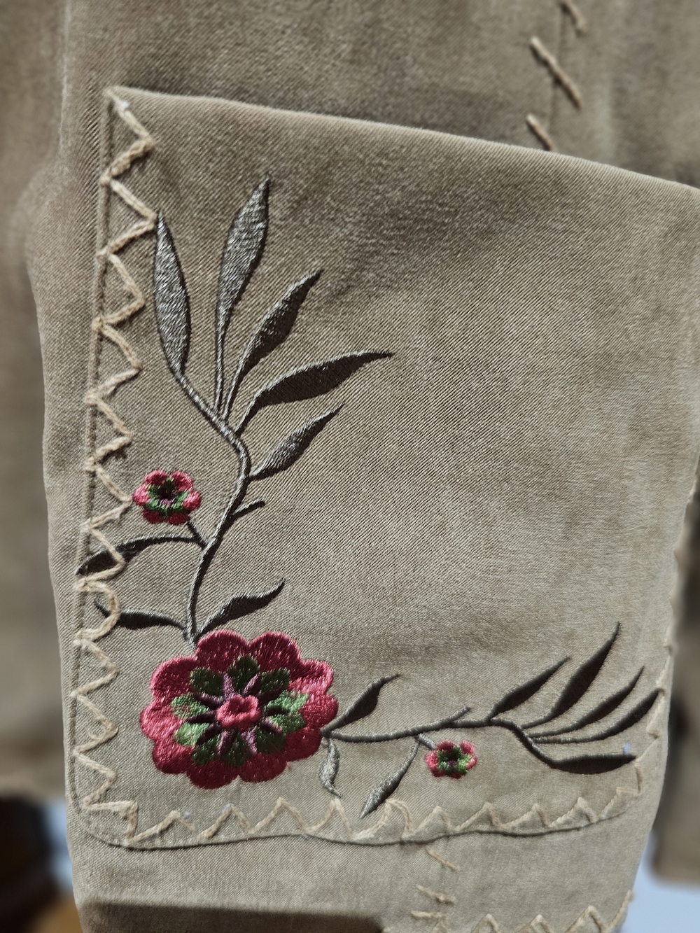 Susan Graver Tan Suede Jacket with Floral Pocket Embroidery - Picture 2 of 8